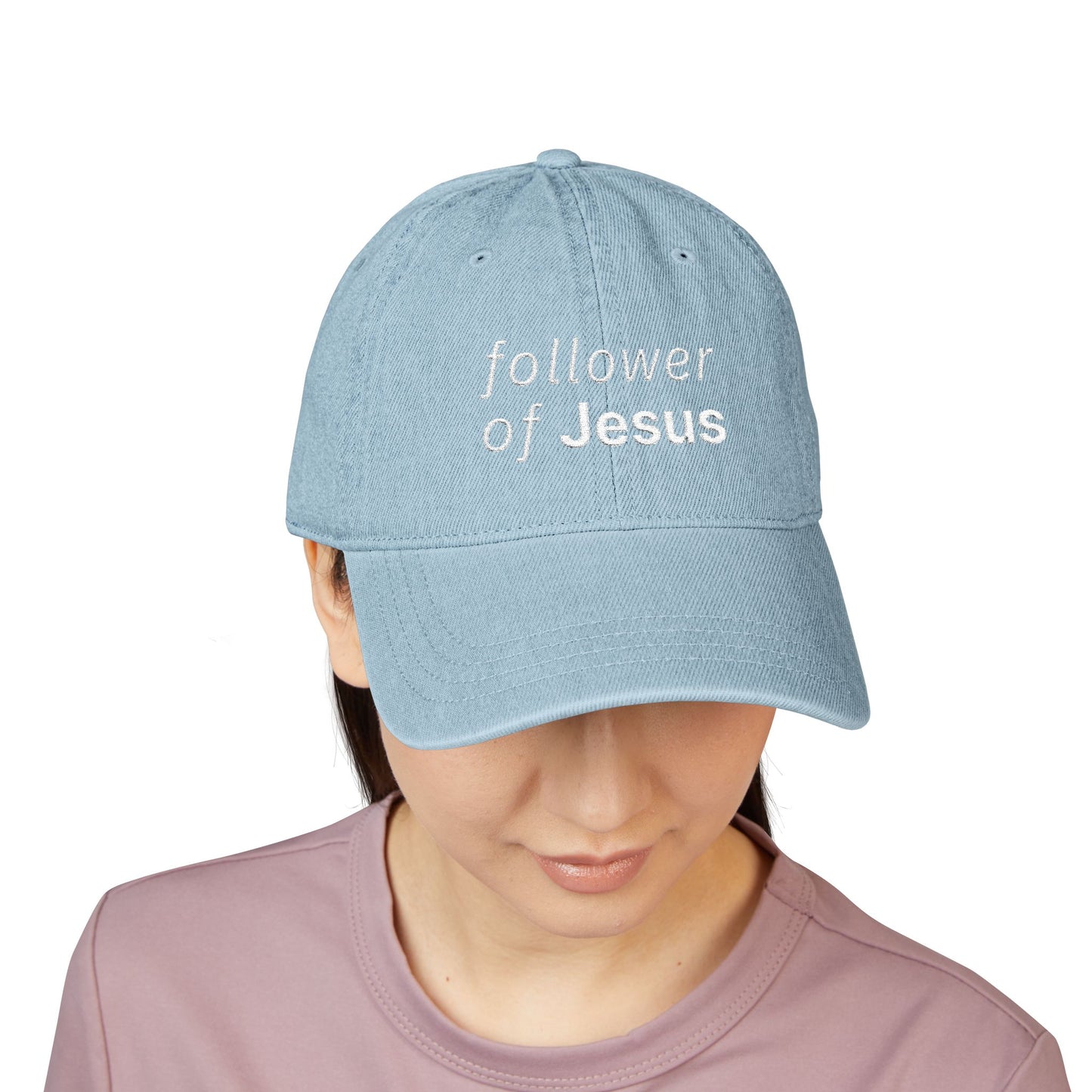 Follower of Jesus Denim Embroidered Hat — Light Blue Christian Baseball Cap