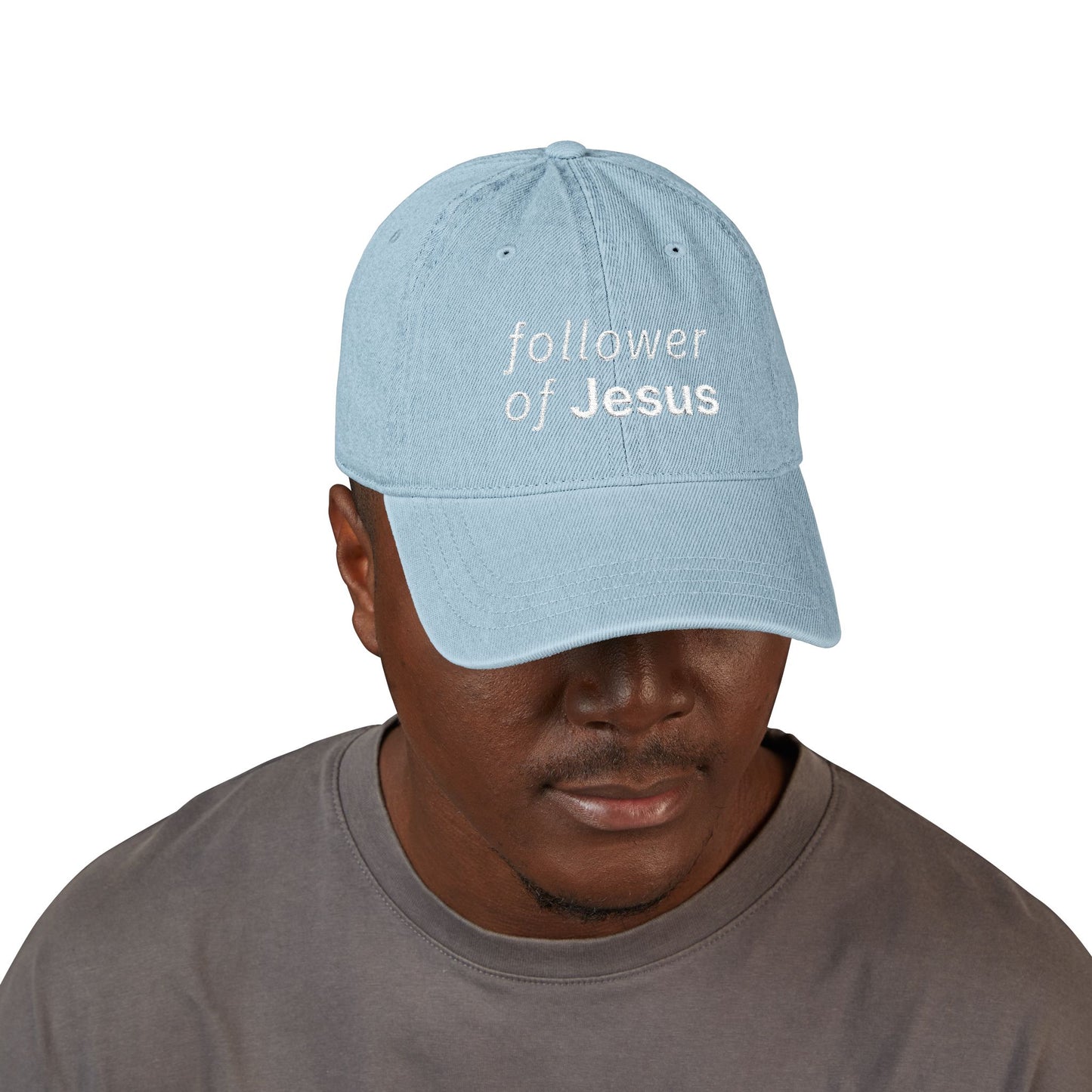 Follower of Jesus Denim Embroidered Hat — Light Blue Christian Baseball Cap